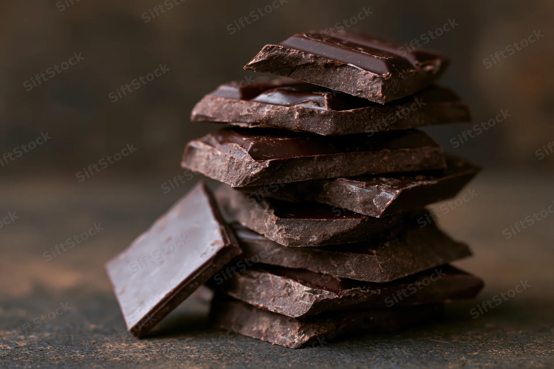 Broken dark chocolate pieces stacked unevenly into a tall tower on a textured surface