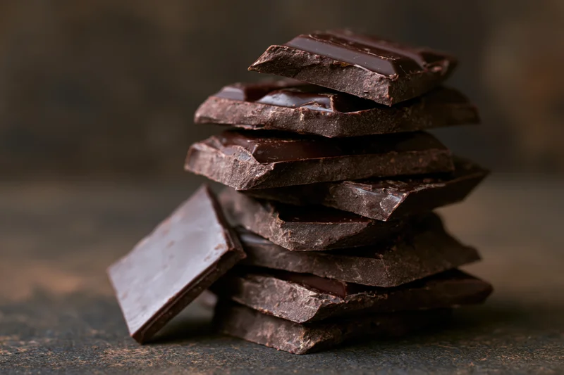 Broken dark chocolate pieces stacked unevenly into a tall tower on a textured surface