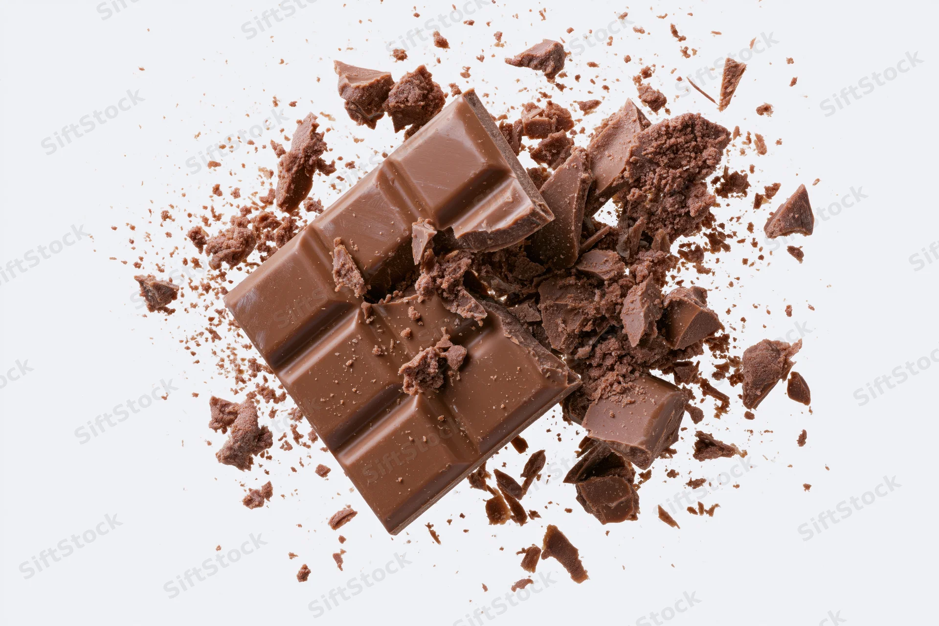 Broken milk chocolate bar pieces flying outward midair on white background