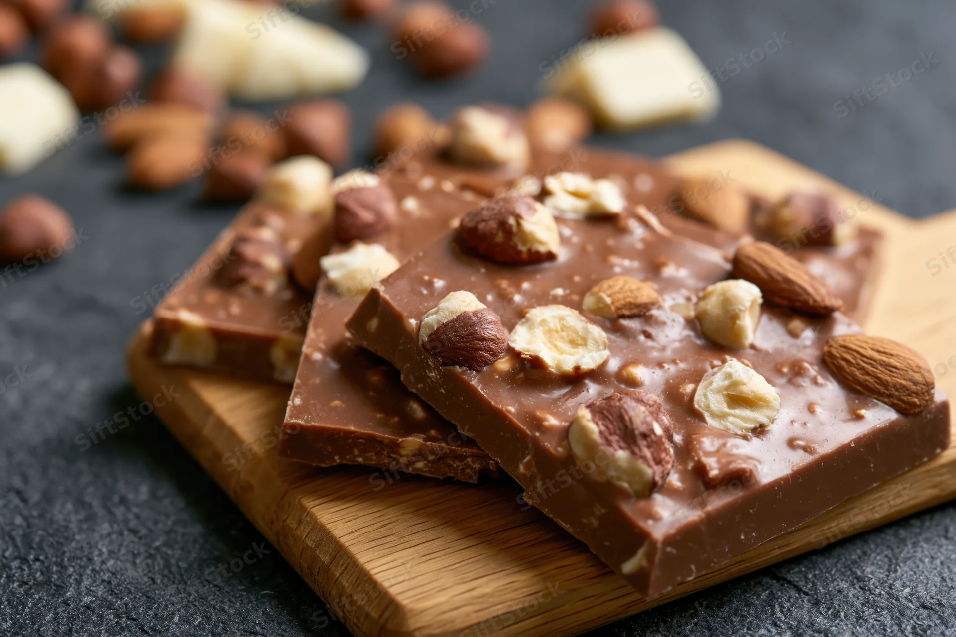 Broken milk chocolate pieces studded with whole hazelnuts and almonds on a wooden board