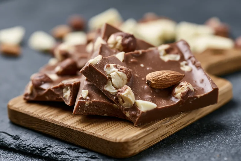 Broken milk chocolate pieces with whole hazelnuts and almonds on a wooden board