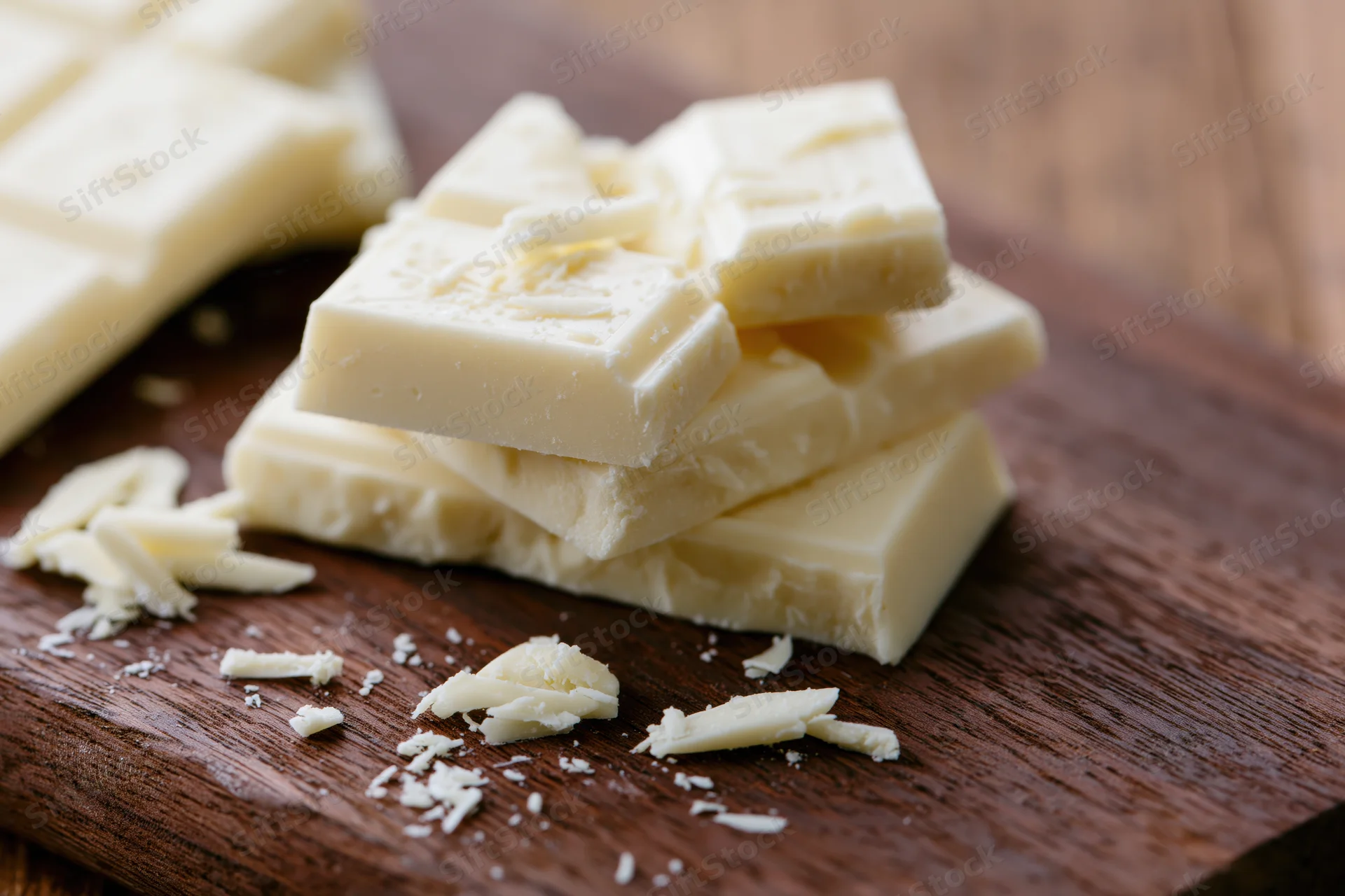 Broken white chocolate bar pieces stacked and scattered on a wooden cutting board