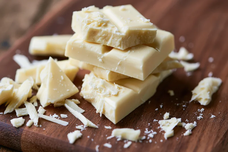 Broken white chocolate bar pieces stacked and scattered on a wooden cutting board