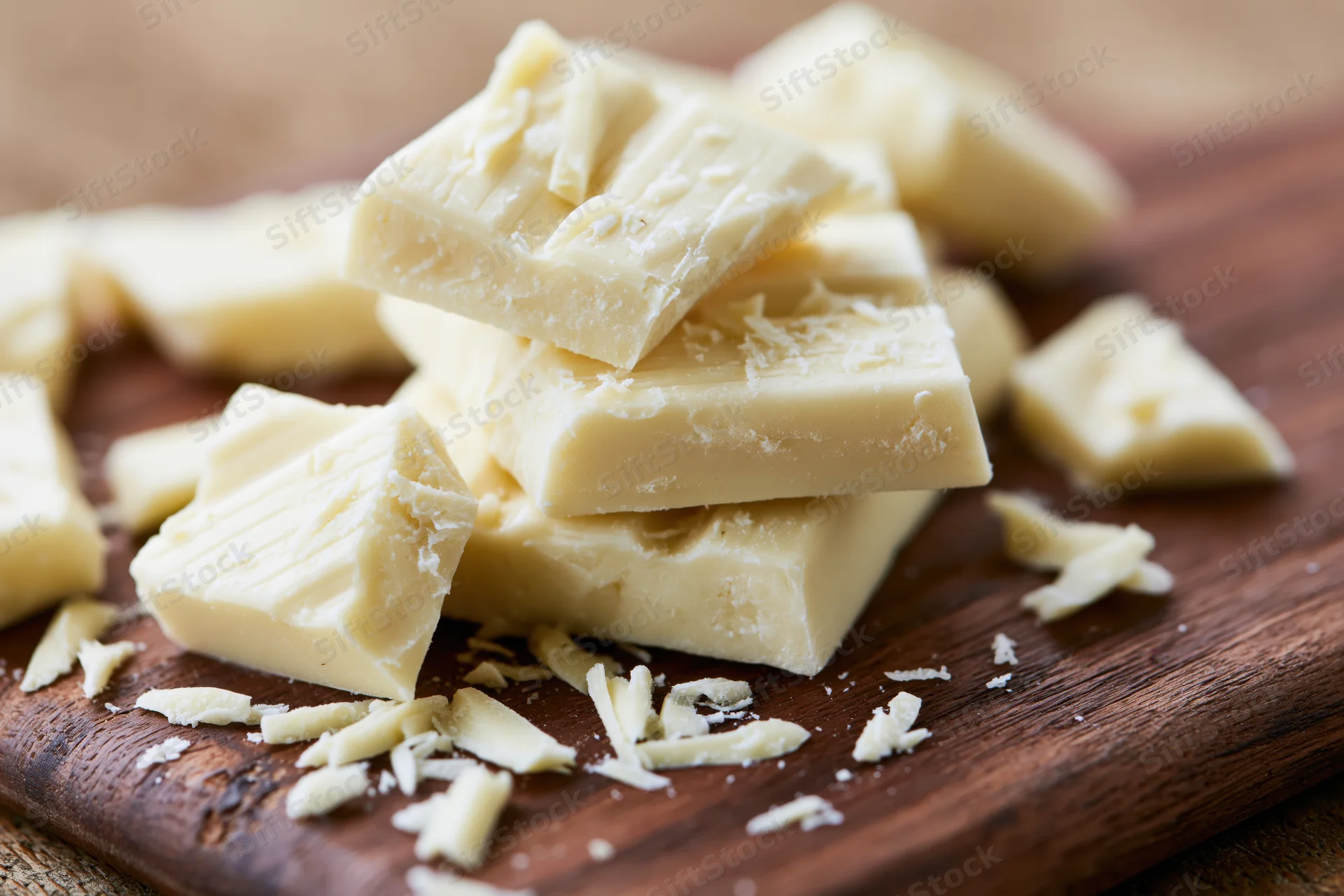 Broken white chocolate bar pieces stacked and scattered on a wooden cutting board