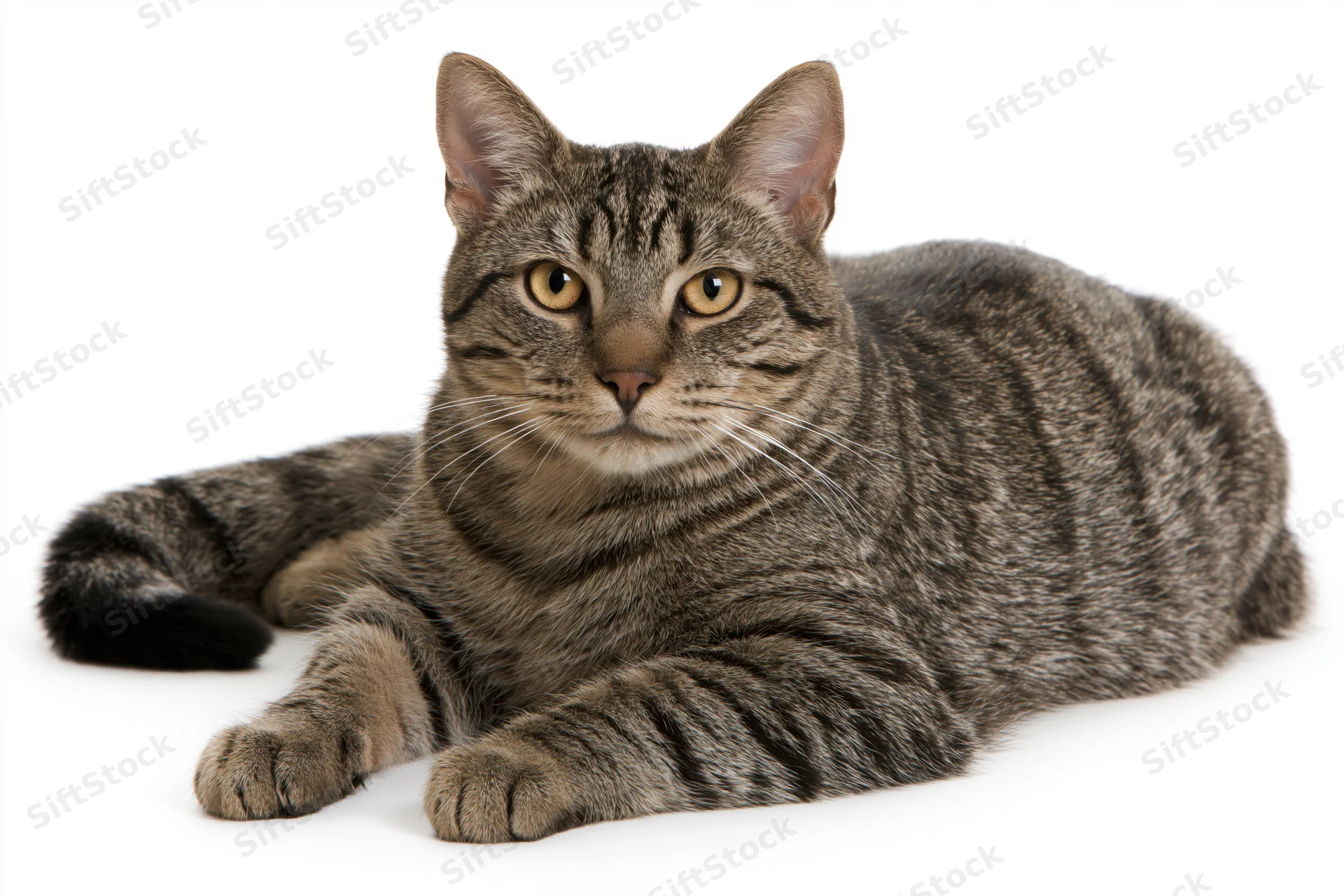Brown tabby cat lying down with front paws extended on white background