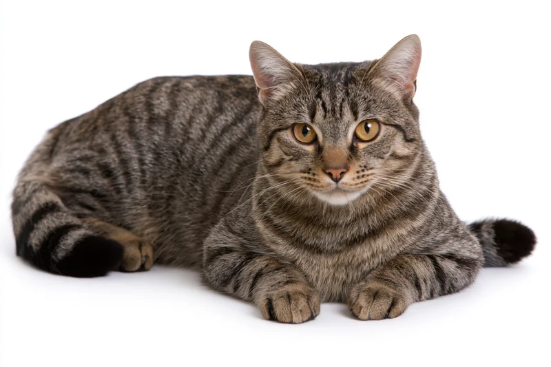 Brown tabby cat lying down with front paws extended on white background