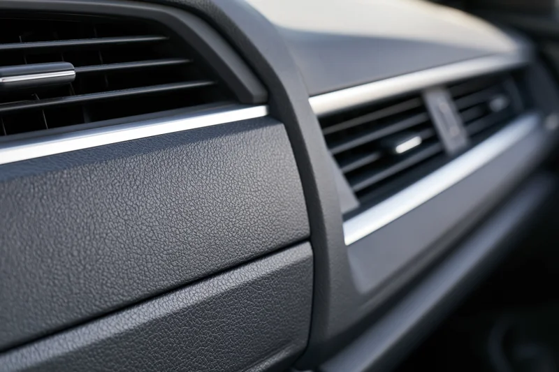 Closeup of car dashboard and glove box panel showing air vents and textured trim