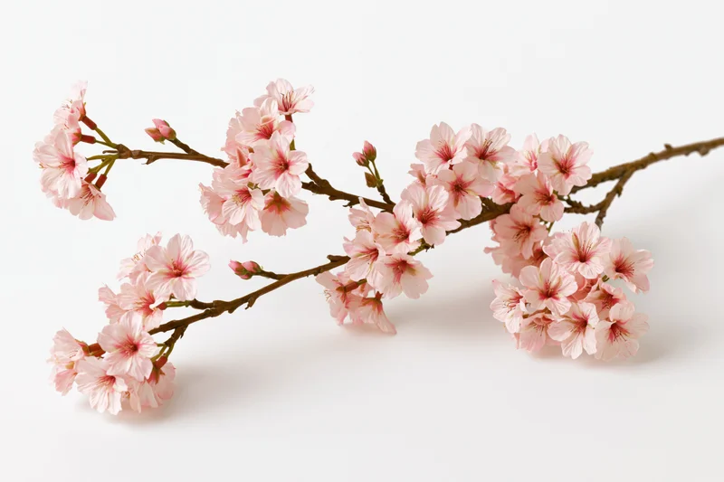 Cherry blossom branch with clusters of soft pink blooms arranged on white background