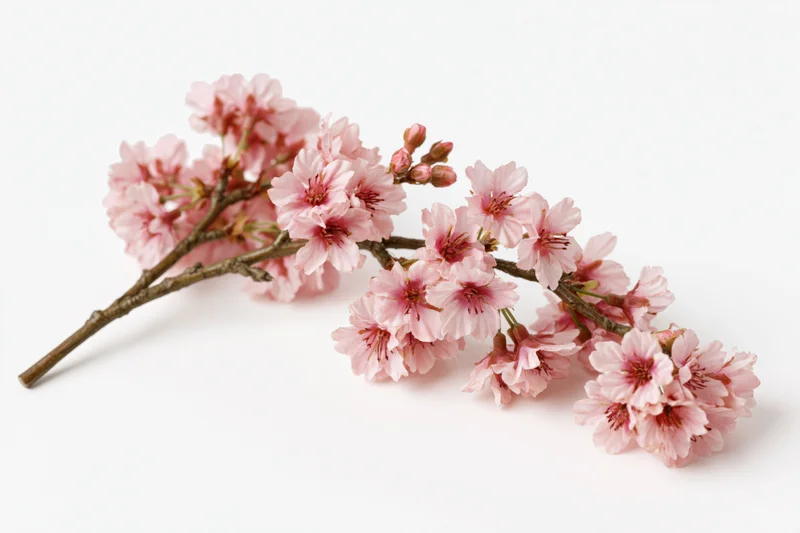 Cherry blossom branch with clusters of soft pink blooms arranged on a white background