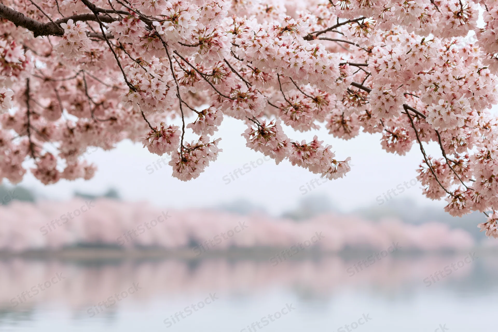Cherry blossom branches heavy with pale pink blooms arching over a calm lake with soft reflections in the background