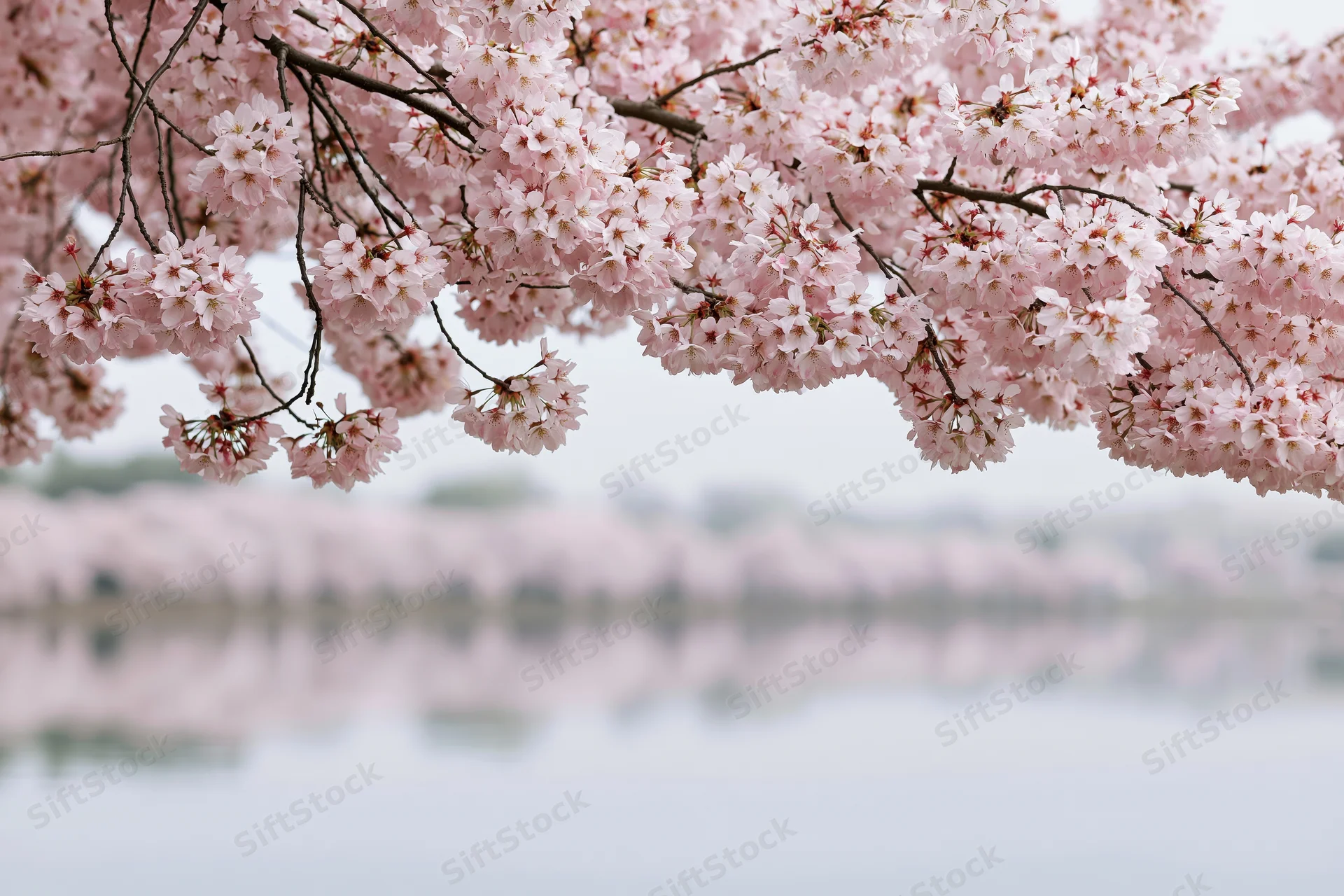 Cherry blossom branches heavy with pale pink blooms arching over a calm lake with reflection in the water