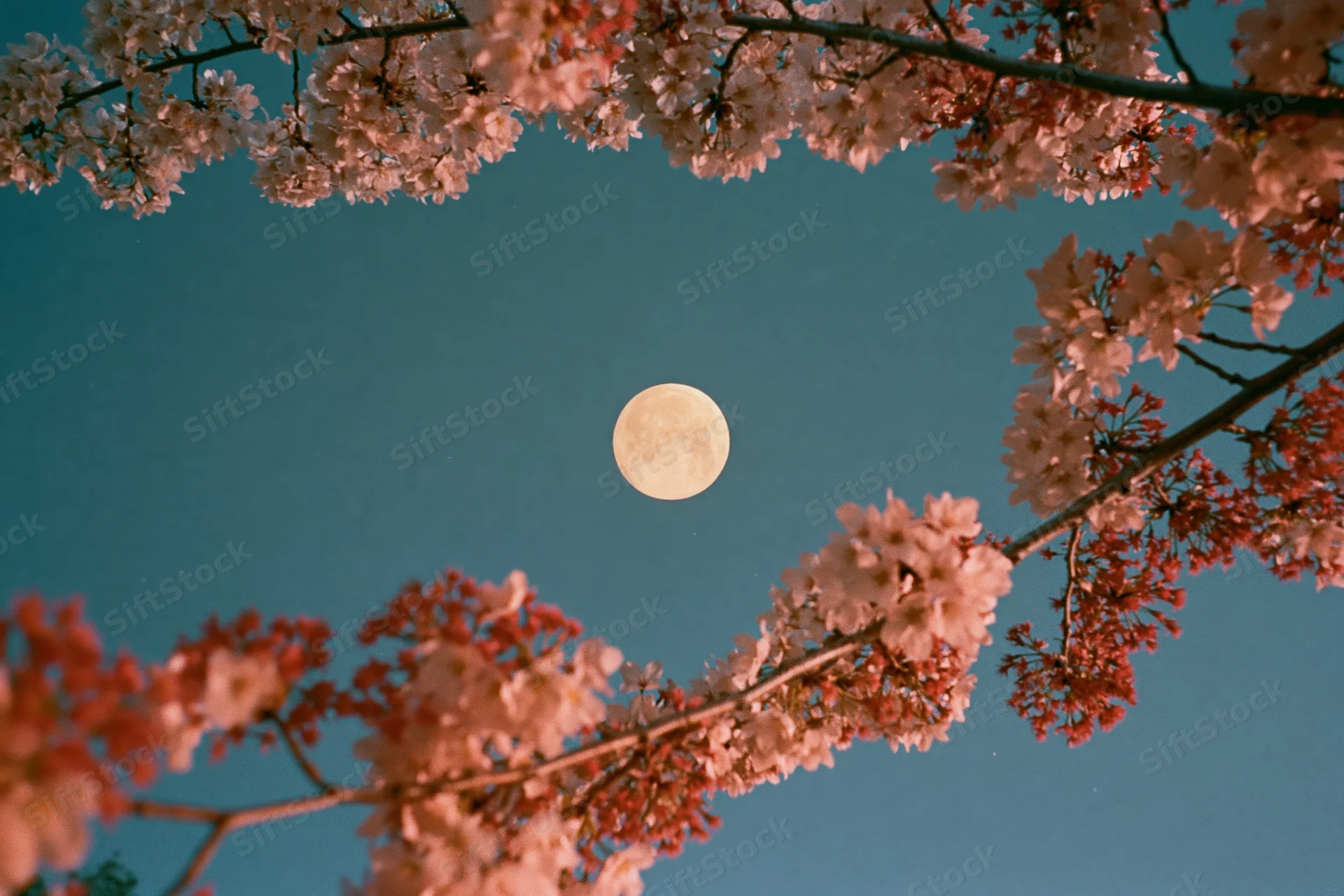 Cherry blossom branches in full bloom framing a large full moon against a deep blue night sky