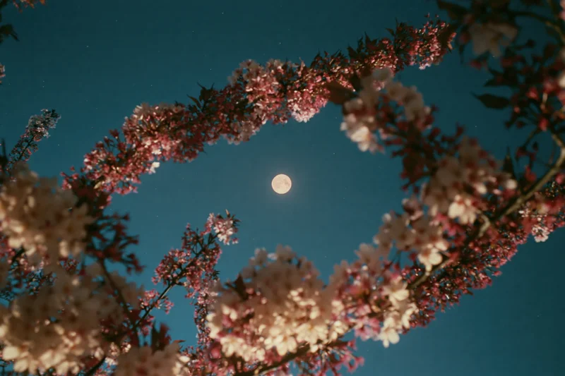 Cherry blossom branches in full bloom framing a full moon in the night sky