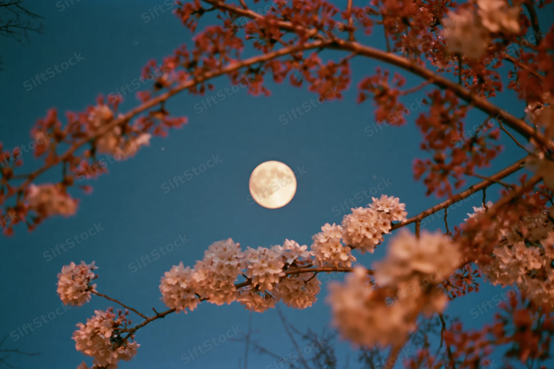 Cherry blossom branches in full bloom framing a large full moon against a dark blue sky