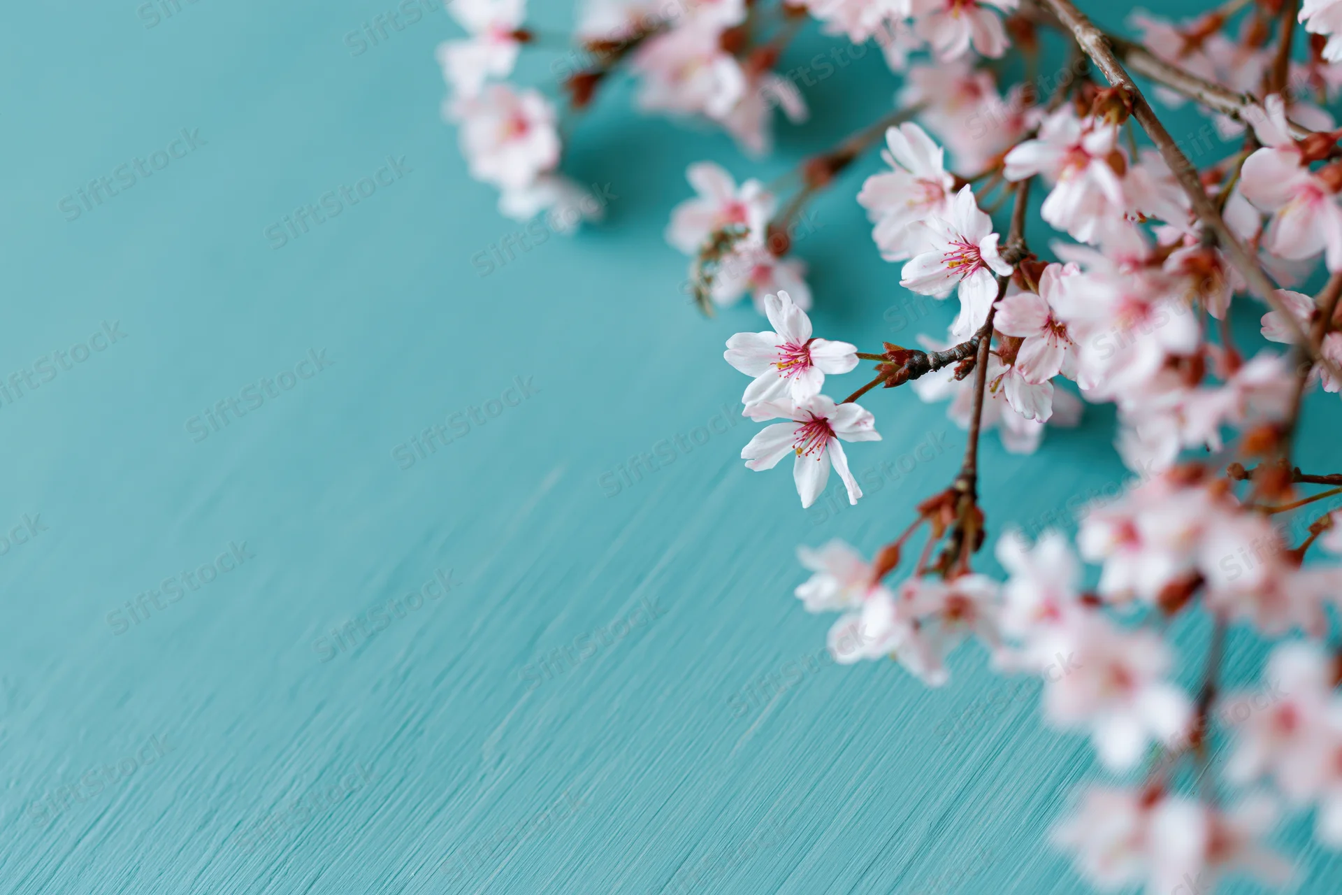 Cherry blossom branches with small white and pink flowers arranged diagonally on a turquoise background
