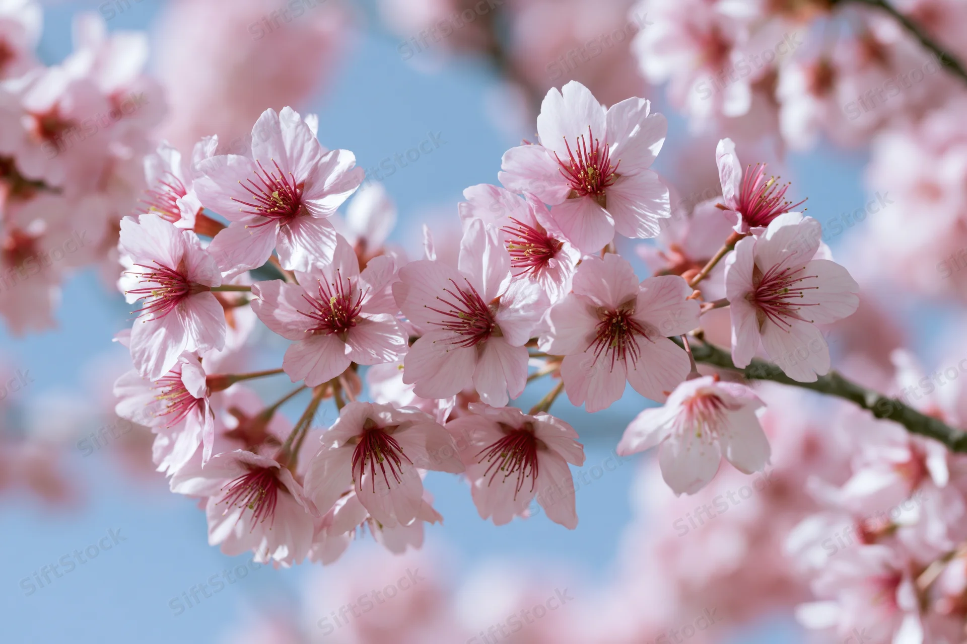 Cherry blossom cluster in full bloom on a slender branch against a clear blue sky