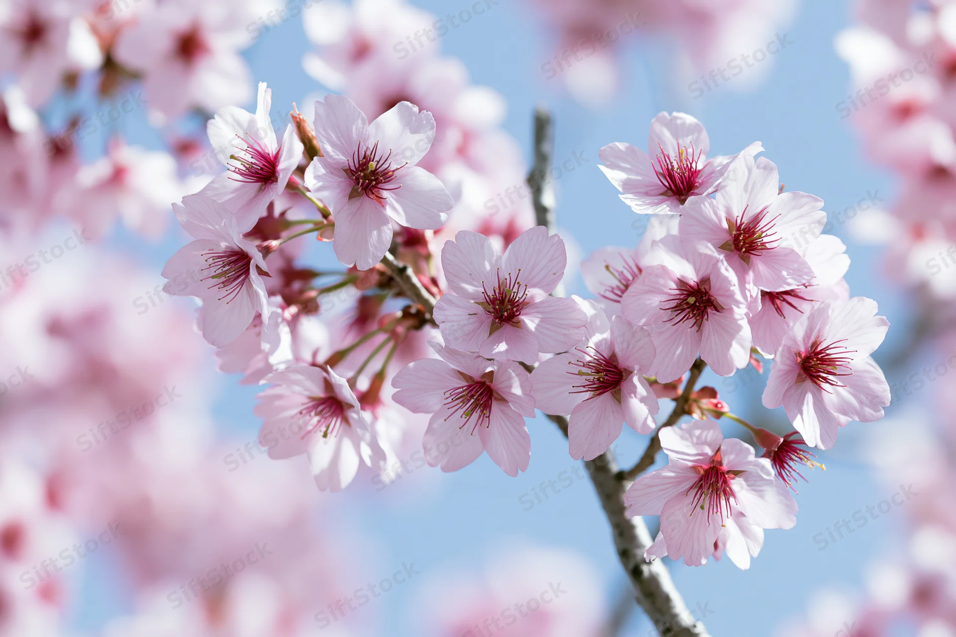 Cherry blossom cluster in full bloom on a slender branch against a clear blue sky