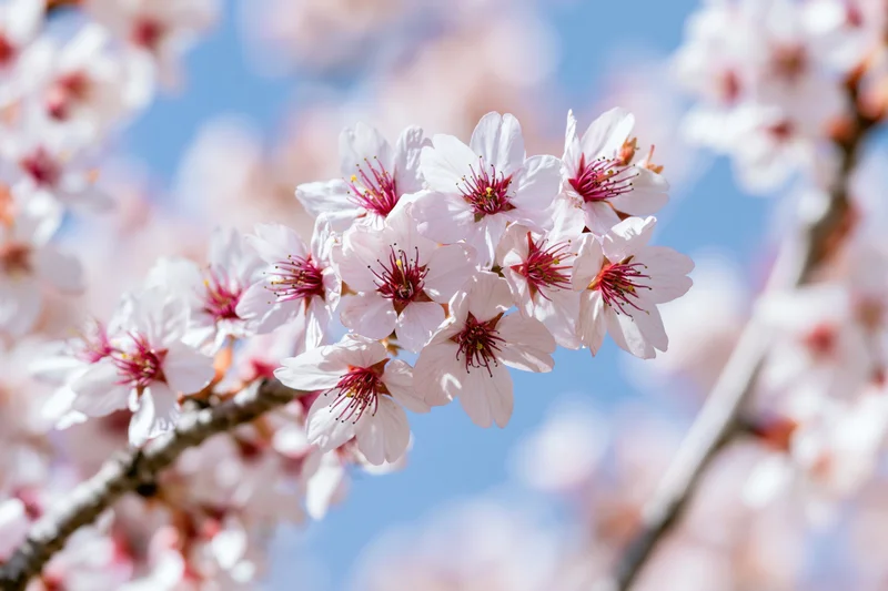 Cherry blossom cluster in full bloom on a slender branch against a clear blue sky