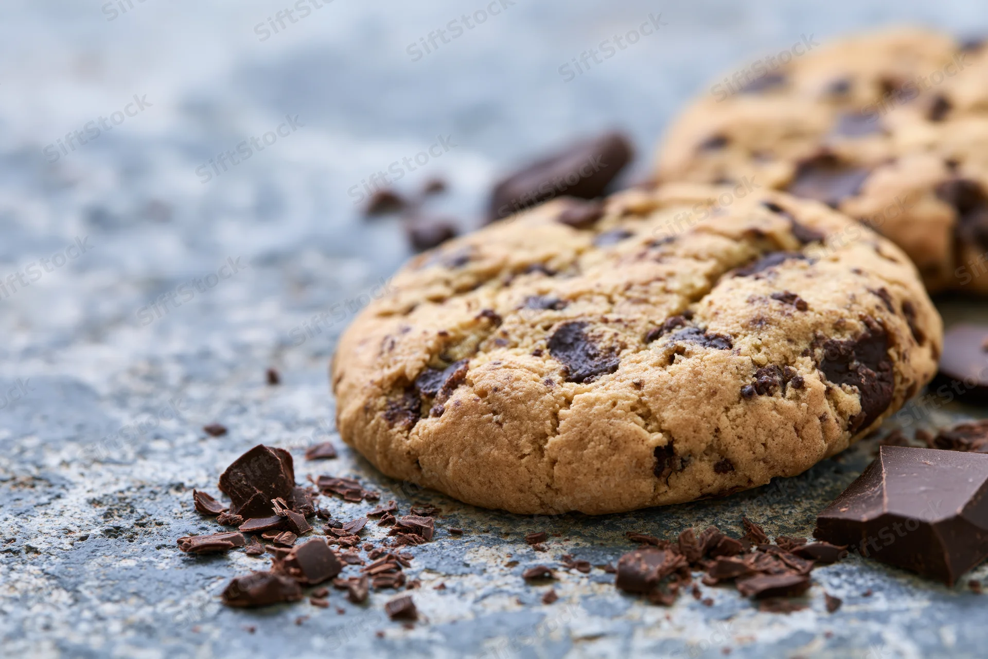 Chocolate chip cookies resting on a weathered grey concrete surface with scattered chocolate pieces