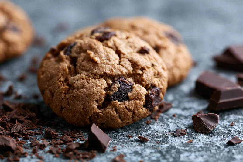 Chocolate chip cookies resting on a weathered grey concrete surface with scattered chocolate pieces