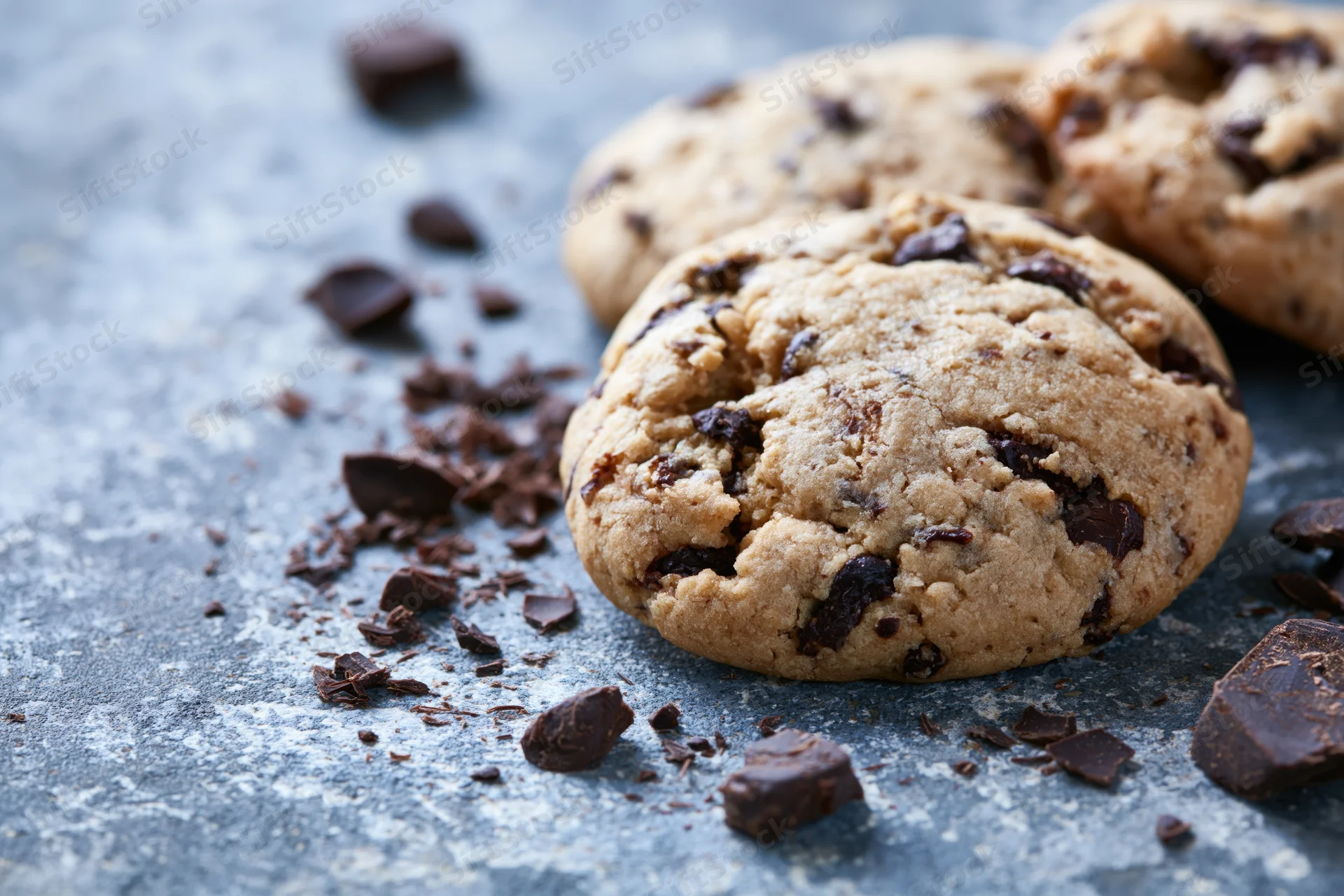 Chocolate chip cookies resting on a weathered grey concrete surface with scattered chocolate chunks and crumbs