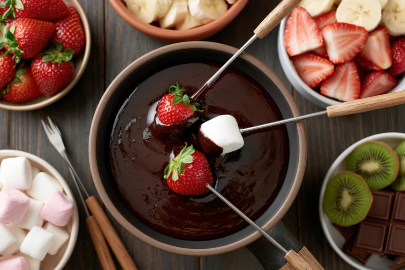 Chocolate fondue in a ceramic pot with strawberries and marshmallows being dipped using fondue forks on a dark wood table