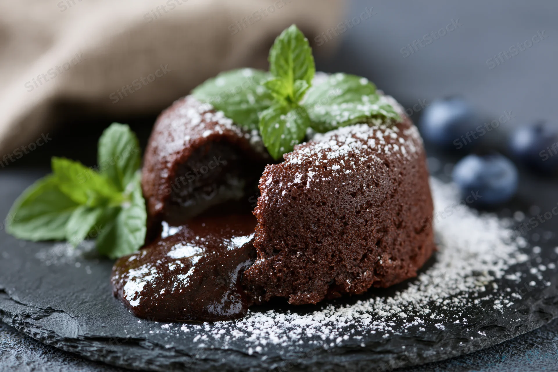 Chocolate lava cake with molten chocolate oozing onto a slate plate, garnished with mint and powdered sugar