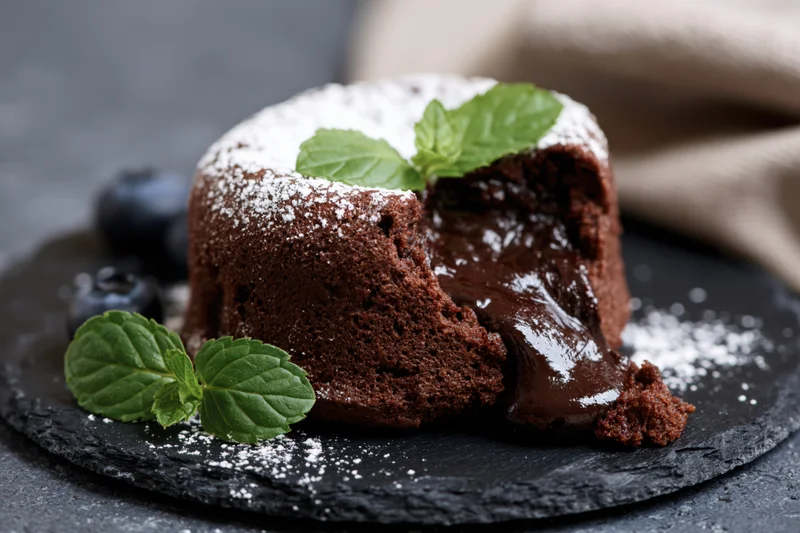 Chocolate lava cake with molten chocolate oozing from a break on a slate plate garnished with mint and blueberries
