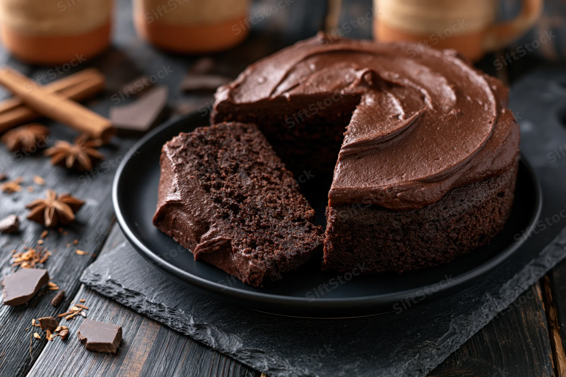Chocolate layer cake with one slice cut and placed on a matte black plate on a dark wooden table with spices and chocolate pieces scattered around