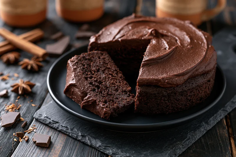 Chocolate layer cake with one slice cut and placed on a matte black plate on a dark wooden table with spices and chocolate pieces scattered around
