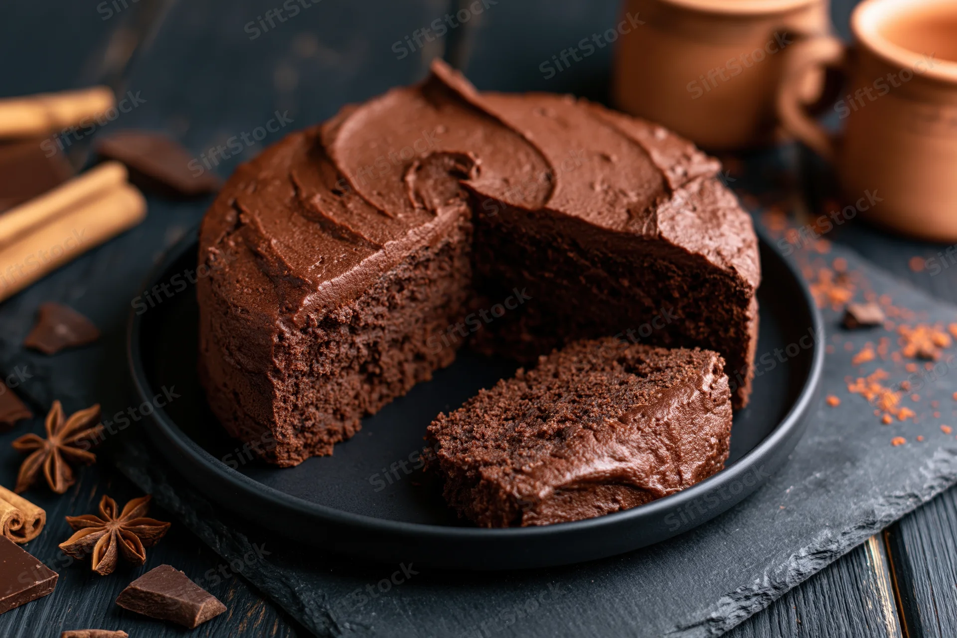 Chocolate layer cake with one slice cut and placed on a matte black plate on a dark slate surface surrounded by spices and chocolate pieces