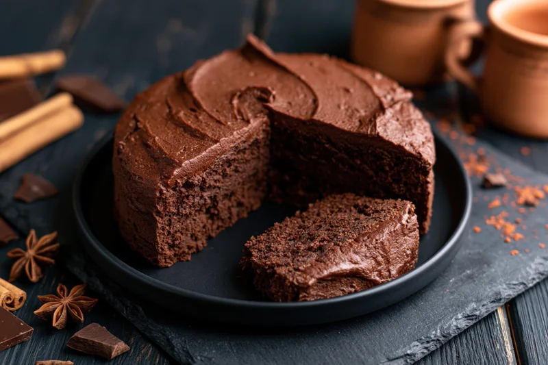 Chocolate layer cake with one slice cut and placed on a matte black plate on a dark slate surface surrounded by spices and chocolate pieces