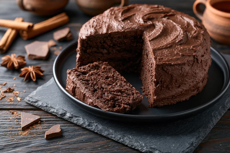 Chocolate layer cake with one slice cut and placed on a matte black plate on a dark wooden table with spices and chocolate pieces scattered around