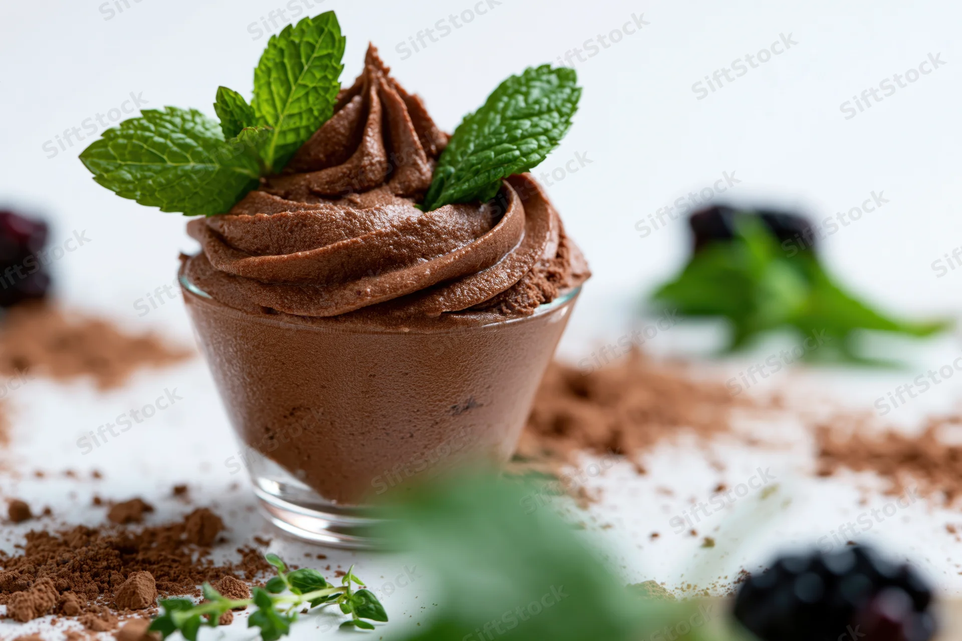Chocolate mousse in a glass cup topped with mint leaves and cocoa powder on a white surface