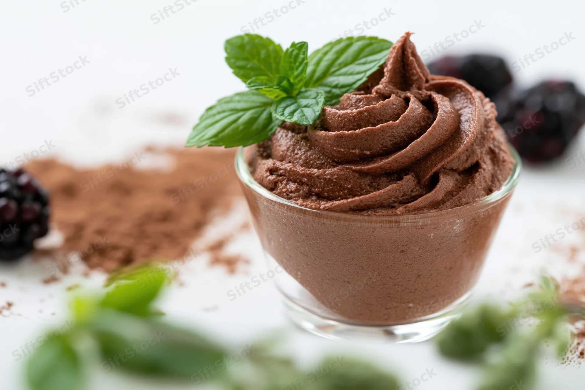 Chocolate mousse in a glass cup topped with mint leaves and surrounded by cocoa powder and blackberries on a white surface