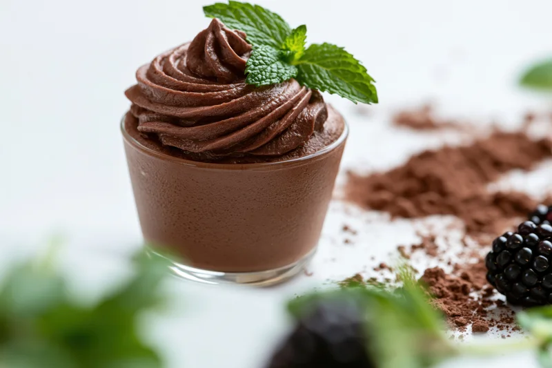 Chocolate mousse in a small glass cup topped with mint and cocoa powder, surrounded by blackberries and scattered cocoa on a white surface