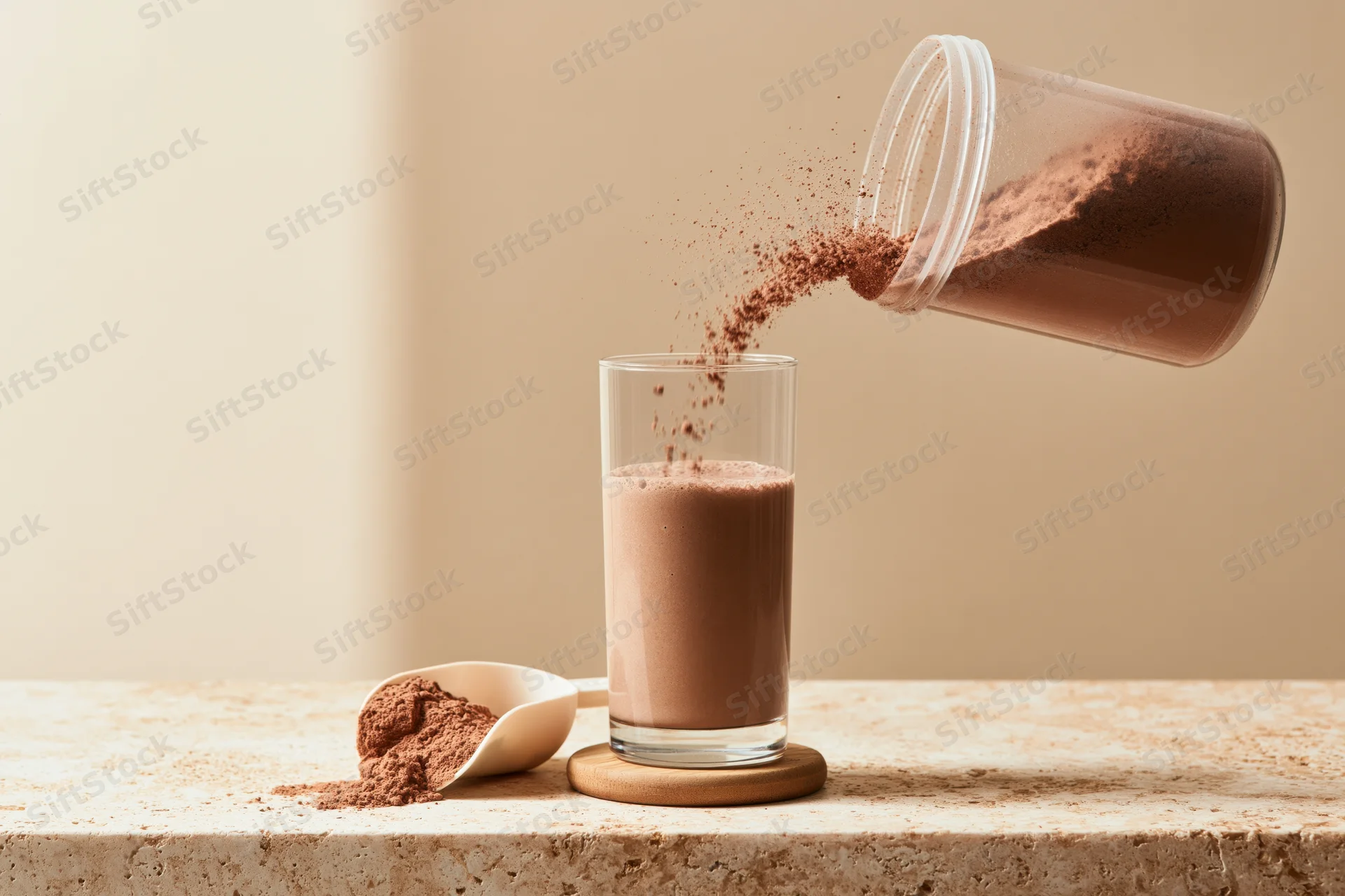 Chocolate protein powder being poured into a glass of milkshake on a marble countertop
