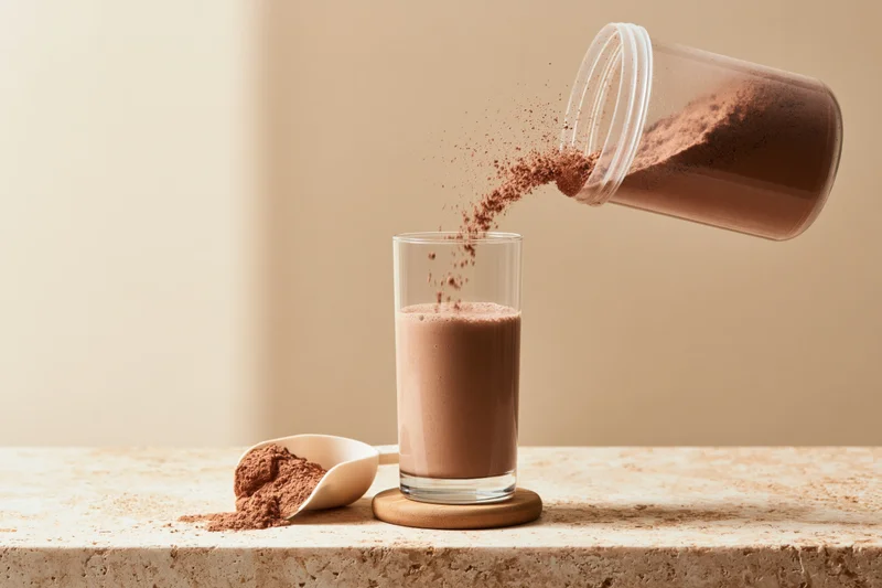 Chocolate protein powder being poured into a glass of milkshake on a marble countertop