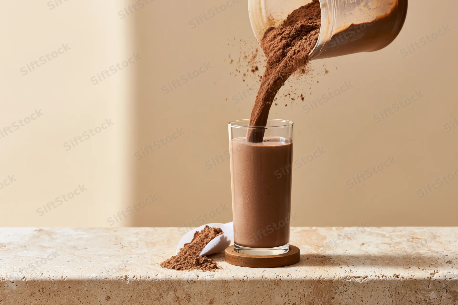 Chocolate protein powder being poured into a tall glass on a marble countertop