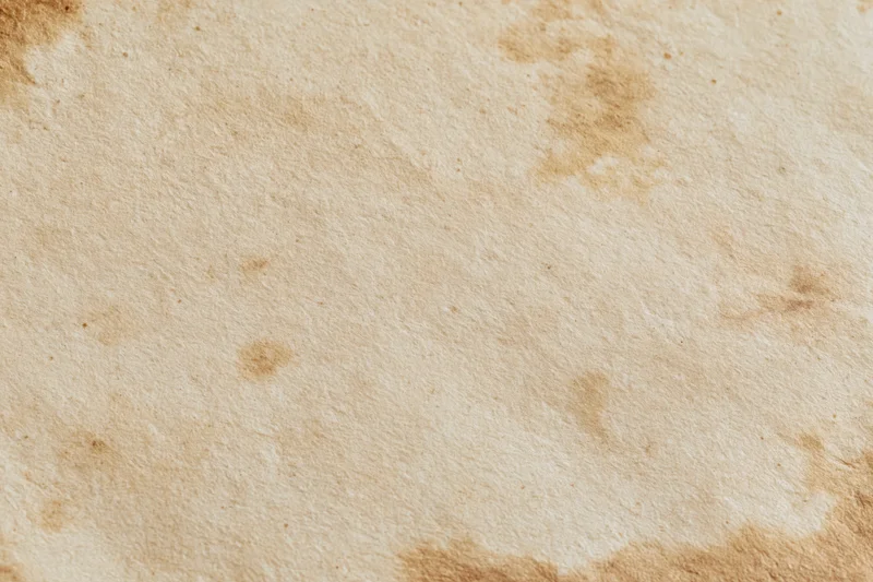 Aged paper sheet with brown stains and texture in flat lay closeup
