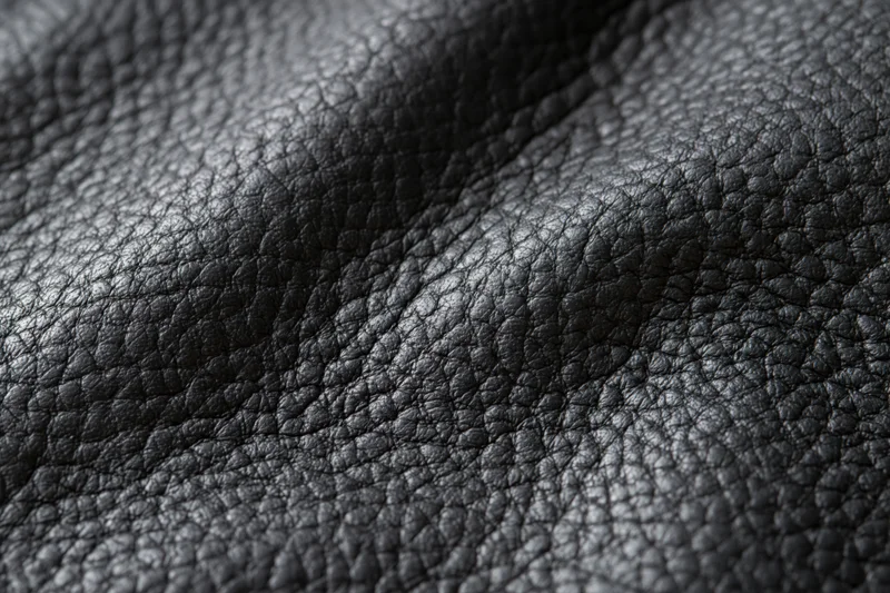 Close-up of black genuine leather surface with visible grain and folds filling the frame