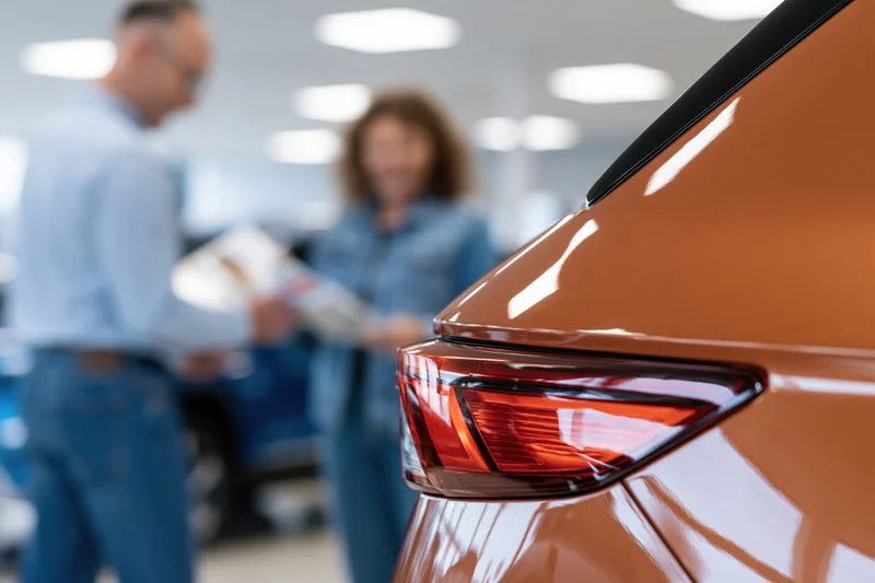 Close-up of copper-brown suv tail light in showroom with blurred couple discussing purchase in background