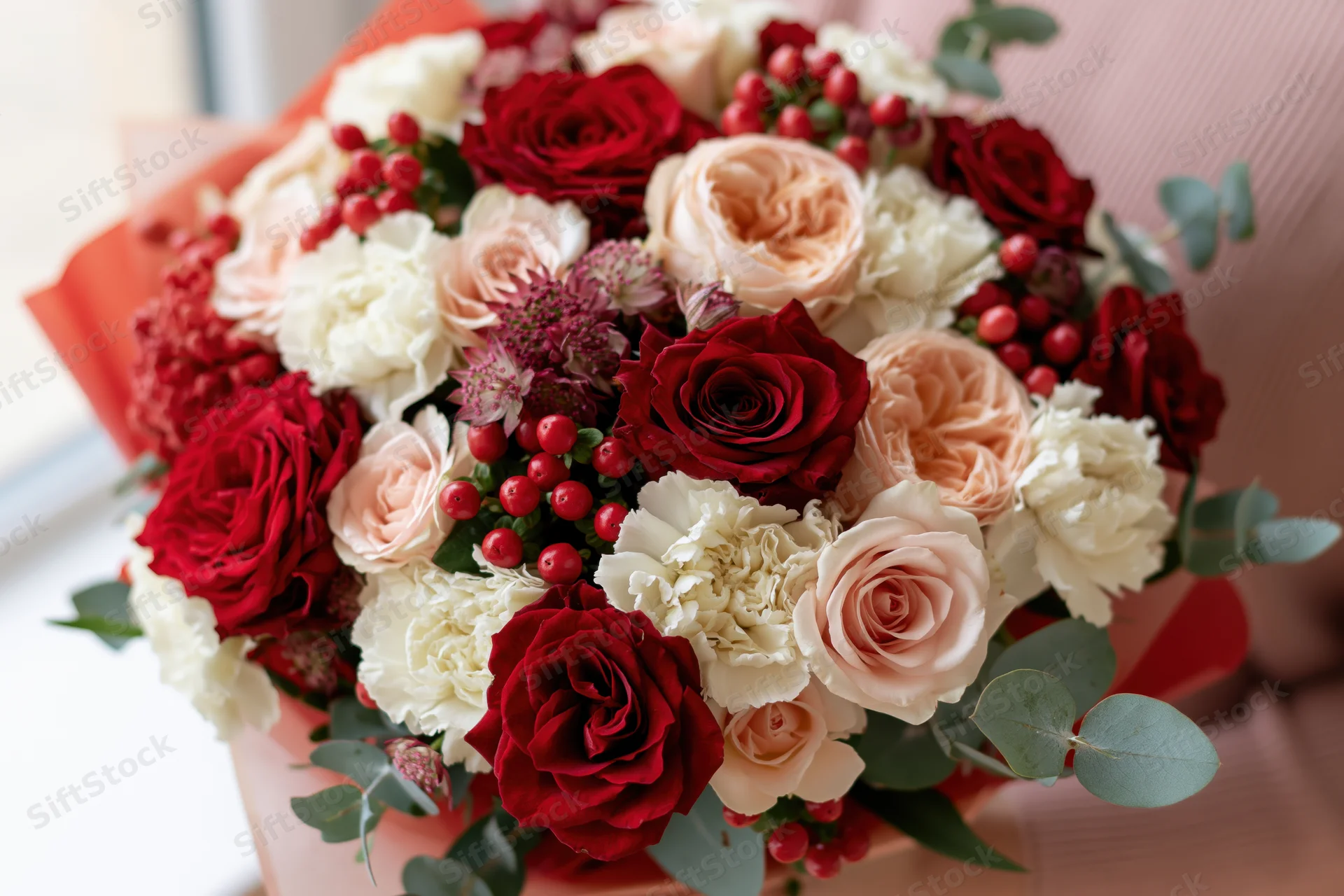 Close-up of a lush mixed flower bouquet with red roses, pink peonies, white carnations, and greenery held by a person in soft light