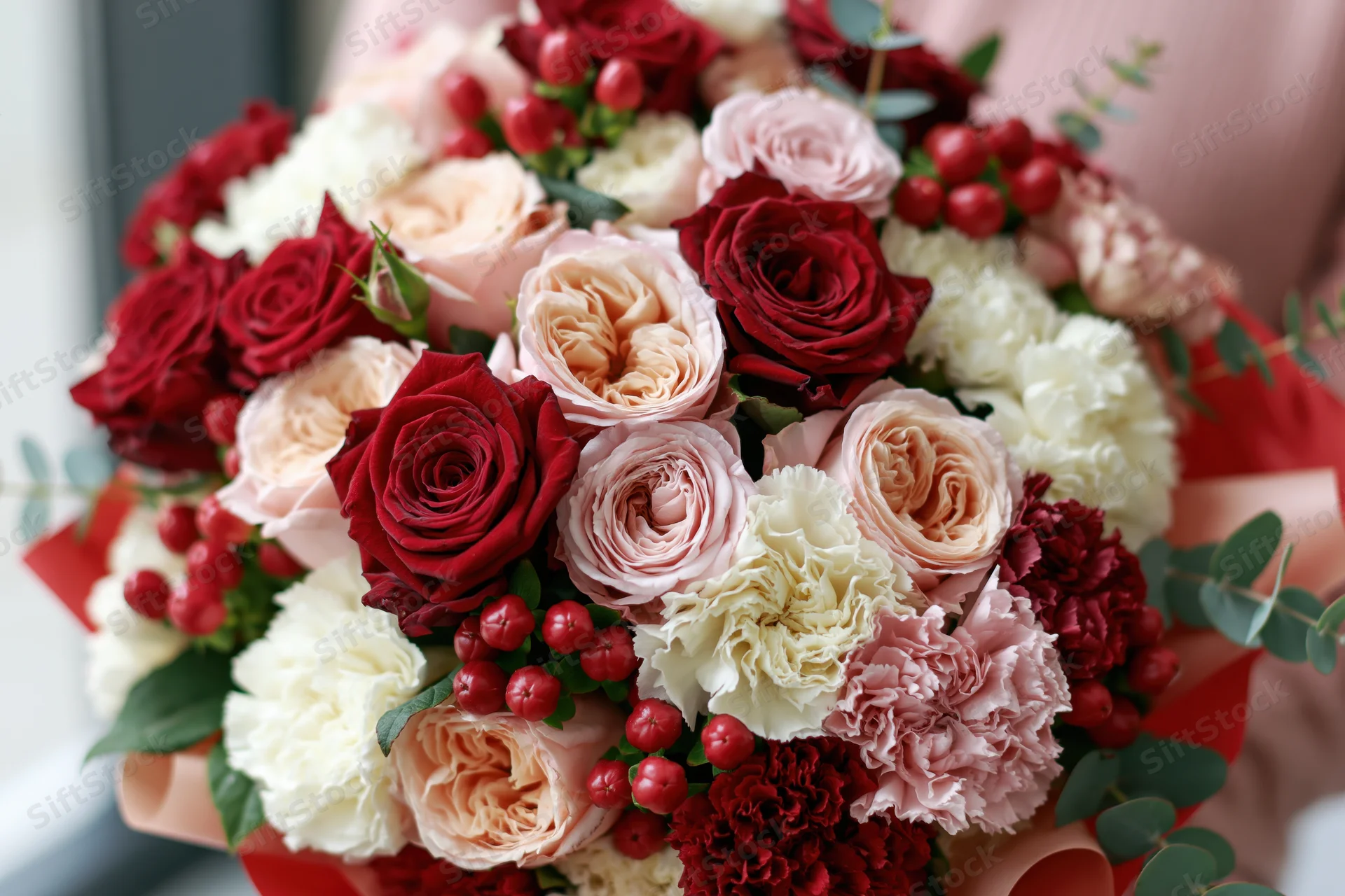 Close-up of a lush mixed flower bouquet held by a woman in soft pink clothing