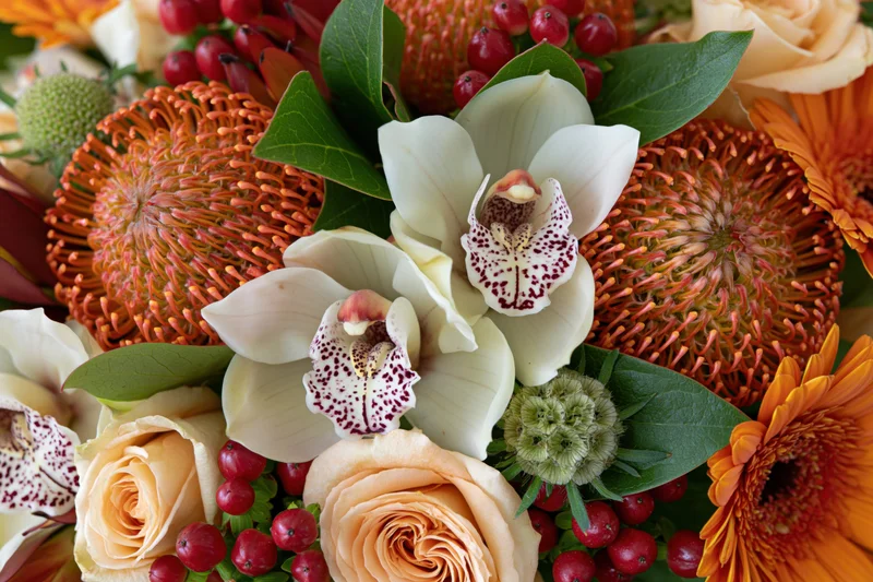 Close-up overhead view of a lush mixed floral arrangement with white orchids, peach roses, orange proteas, and red berries