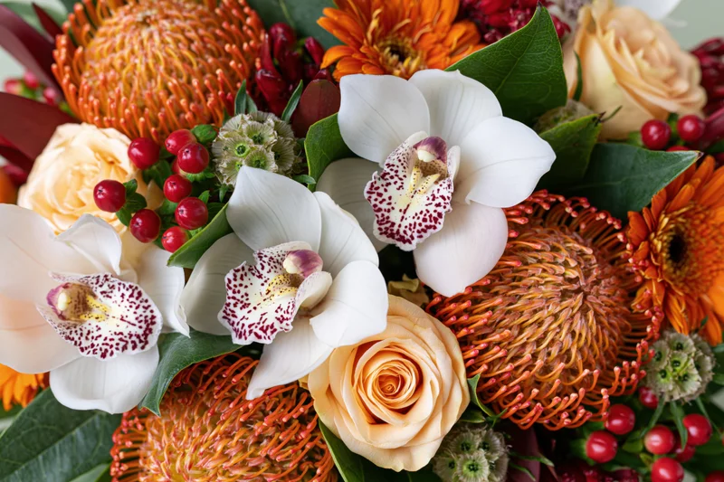 Overhead closeup of a lush mixed floral arrangement with white orchids, peach roses, orange proteas, and red berries surrounded by greenery