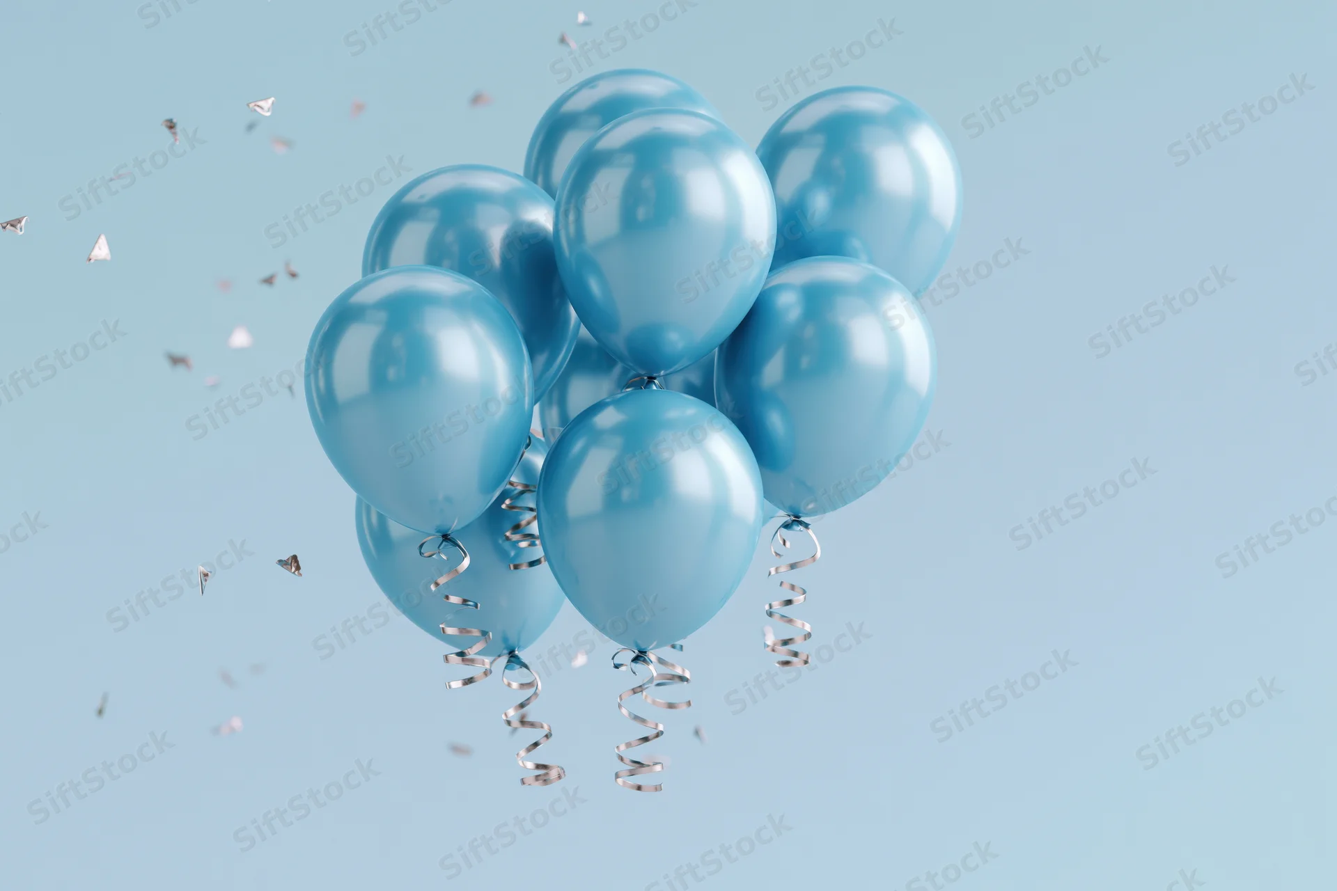 Cluster of shiny cyan helium balloons with curling silver ribbons floating against a light blue background with scattered confetti