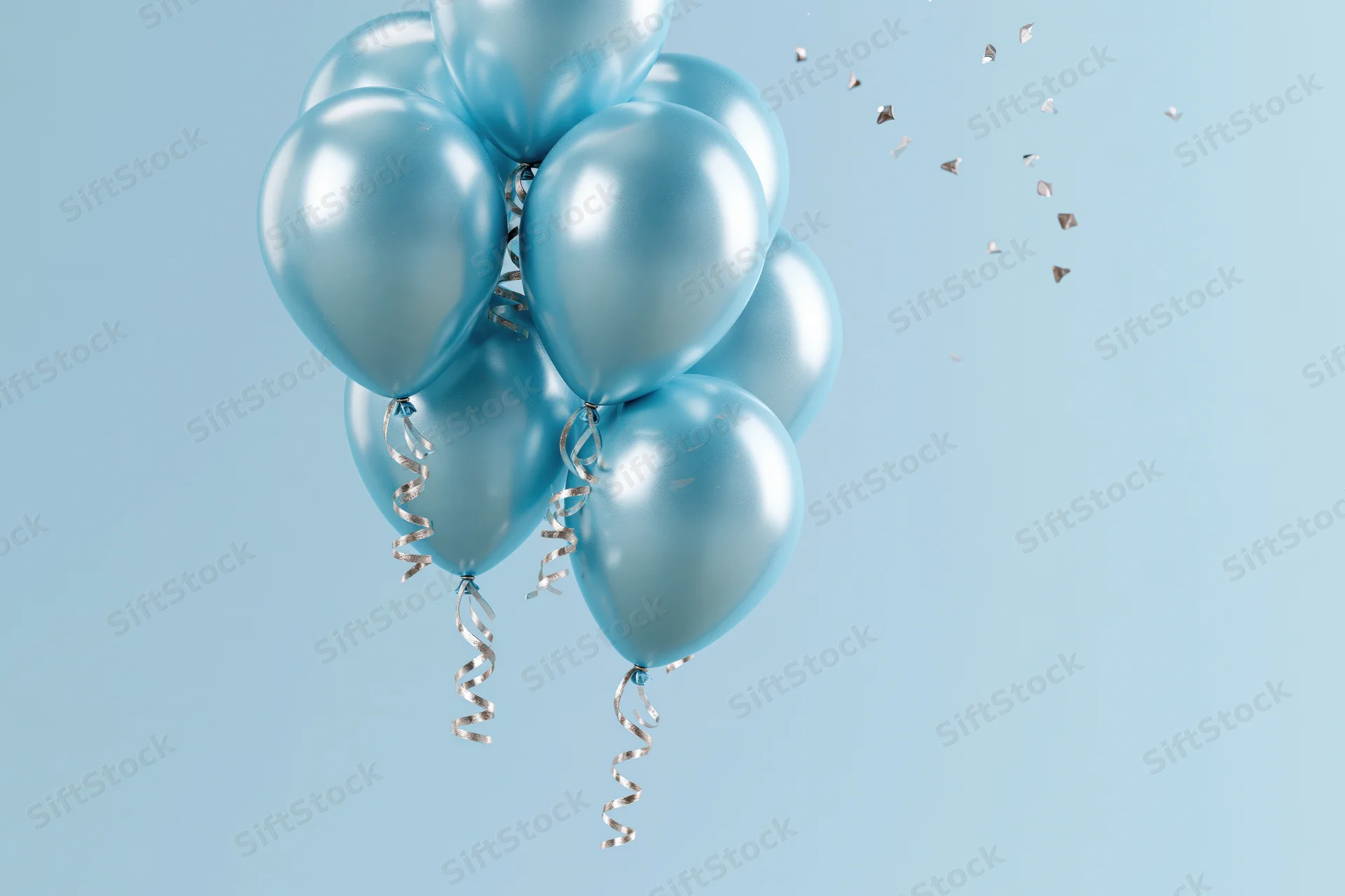 Cluster of shiny cyan helium balloons with curling silver ribbons floating against a light blue background with scattered confetti