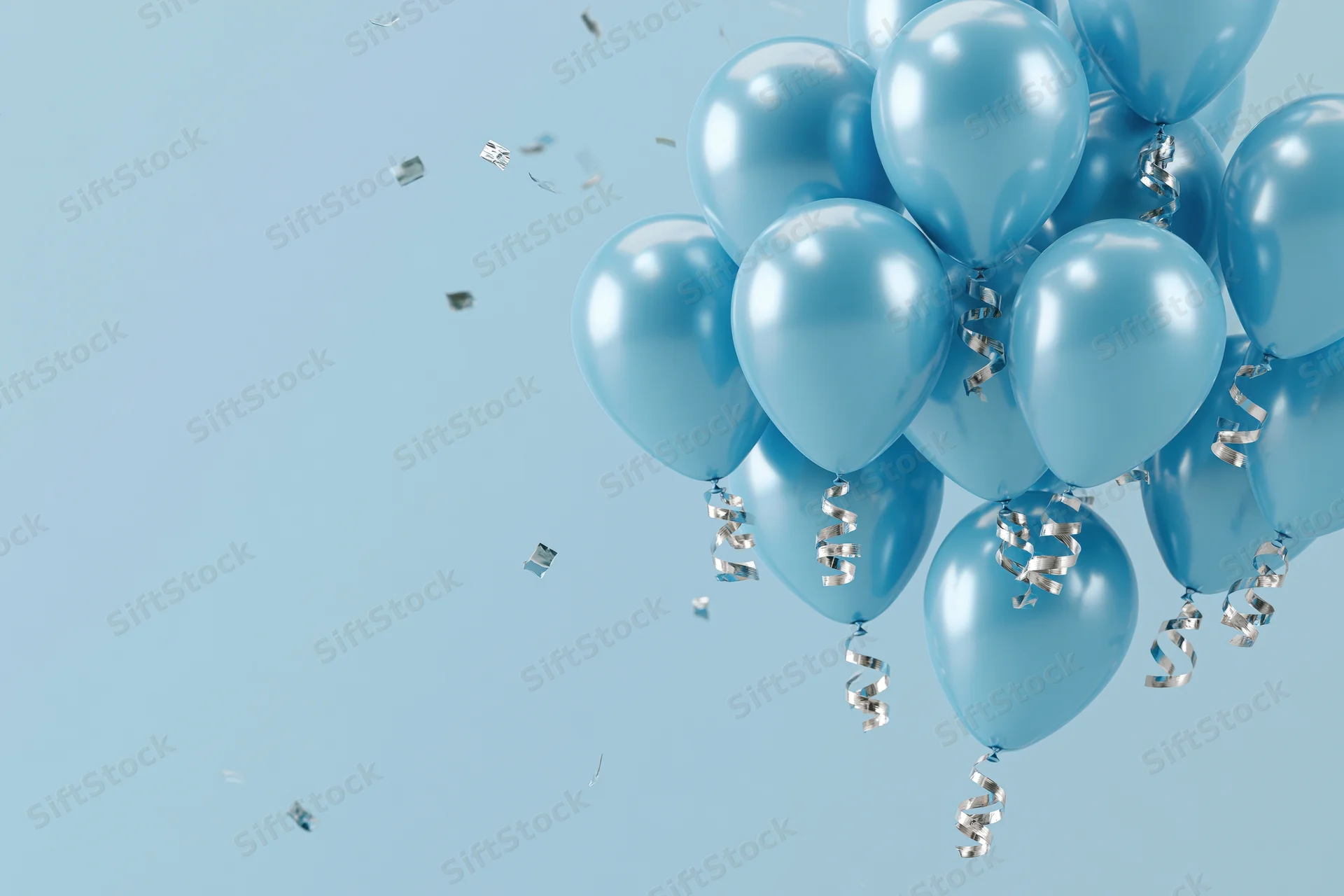 Cluster of shiny cyan helium balloons with curling silver ribbons floating against a light blue background