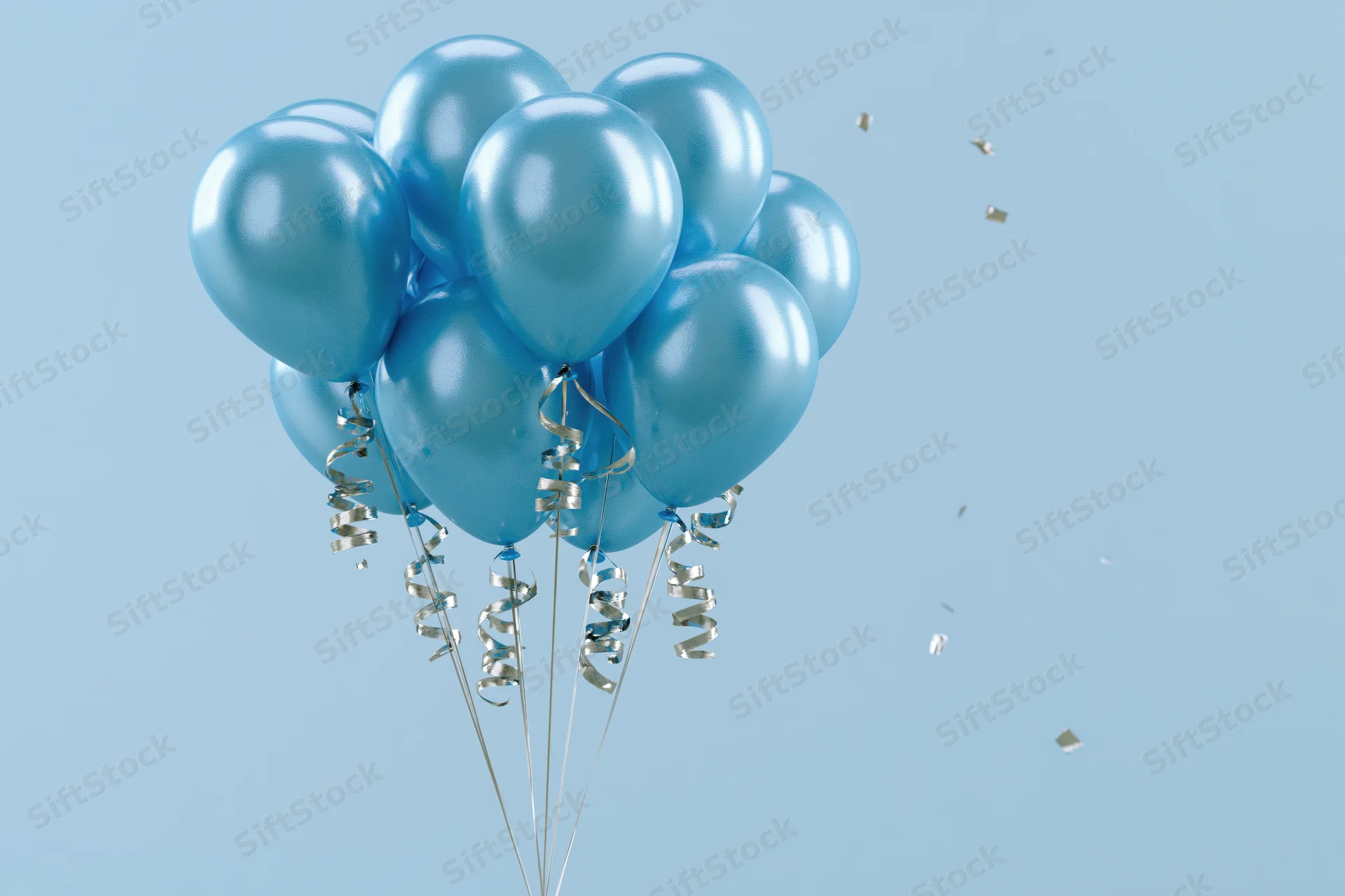 Cluster of shiny cyan helium balloons with curling silver ribbons floating against a light blue background with scattered gold confetti